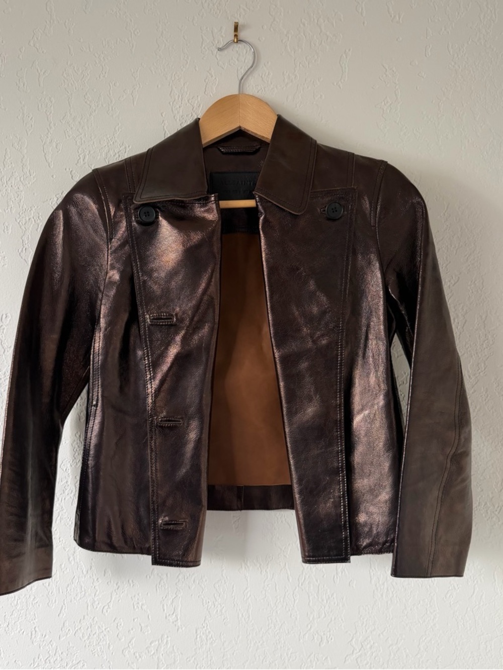 AllSaints Metallic Brown Leather Button-Front Jacket